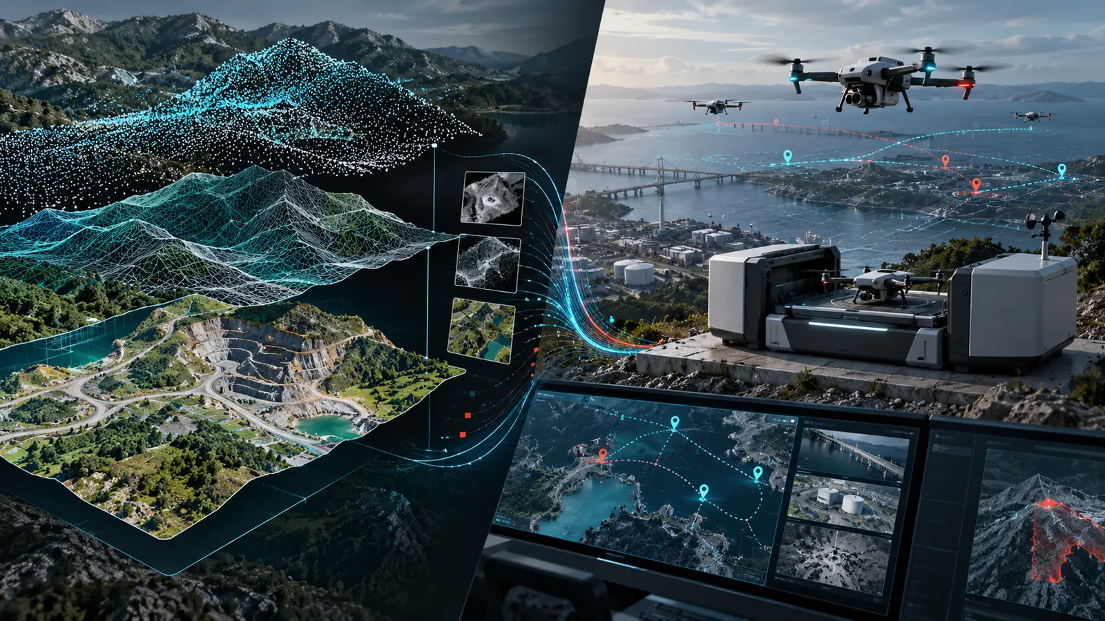 DJI Terra с трёхмерной моделью местности и FlightHub 2 с панелью управления операциями