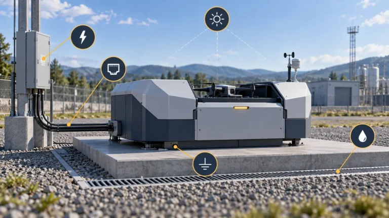 DJI Dock 3 на подготовленной площадке с обозначениями питания, сети, заземления и водоотвода